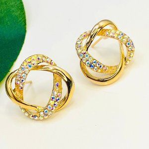 Multi color pave crystal knot earrings in gold